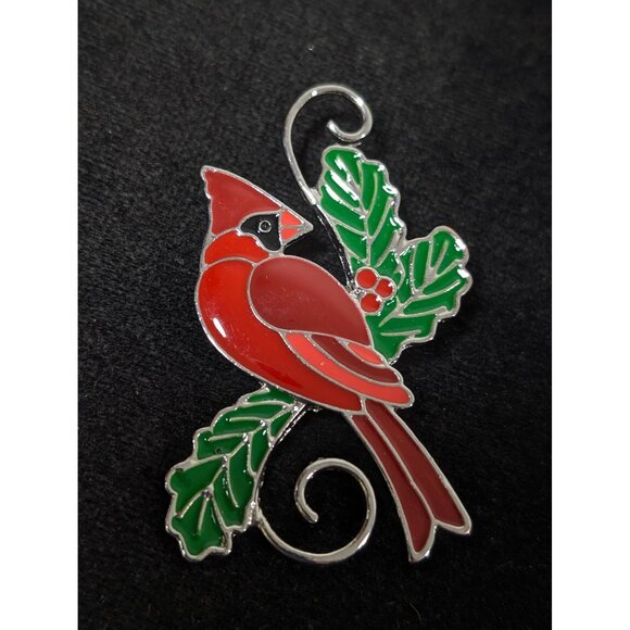 Christmas Cardinal Pin Red Enamel Green Silver Tone Brooch - Picture 1 of 5